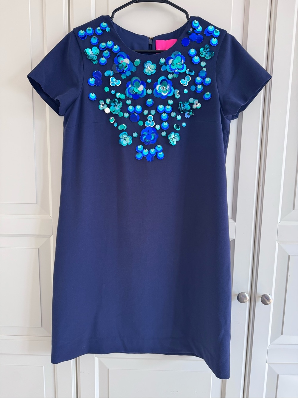 Lilly Pulitzer Navy Shift Dress with Blue & Teal Sequin Floral Appliqué